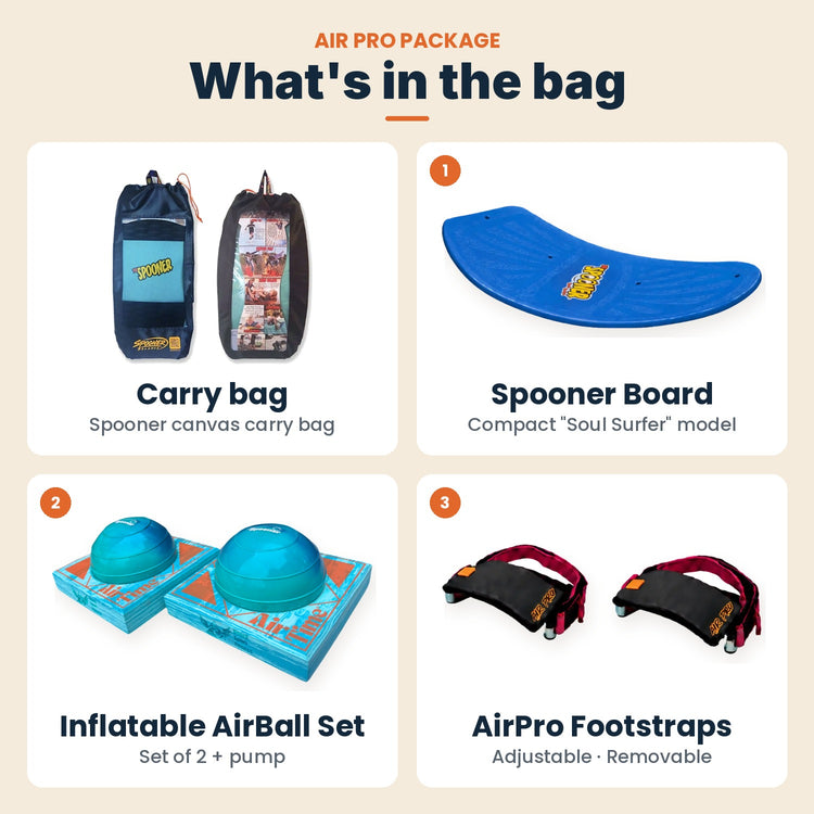 What's in the bag: Spooner carry bag, compact Soul Surfer board, Inflatable AirBall Set and AirPro Footstraps