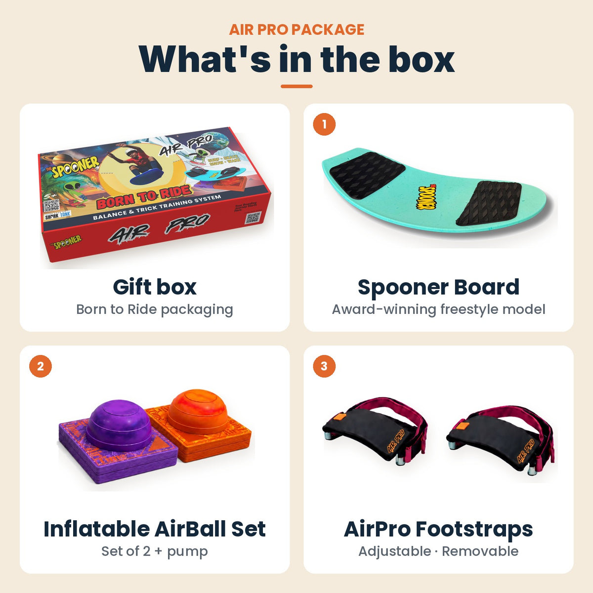 What's in the Air Pro Package box: gift box, Spooner Board, Inflatable AirBall Set and AirPro Footstraps